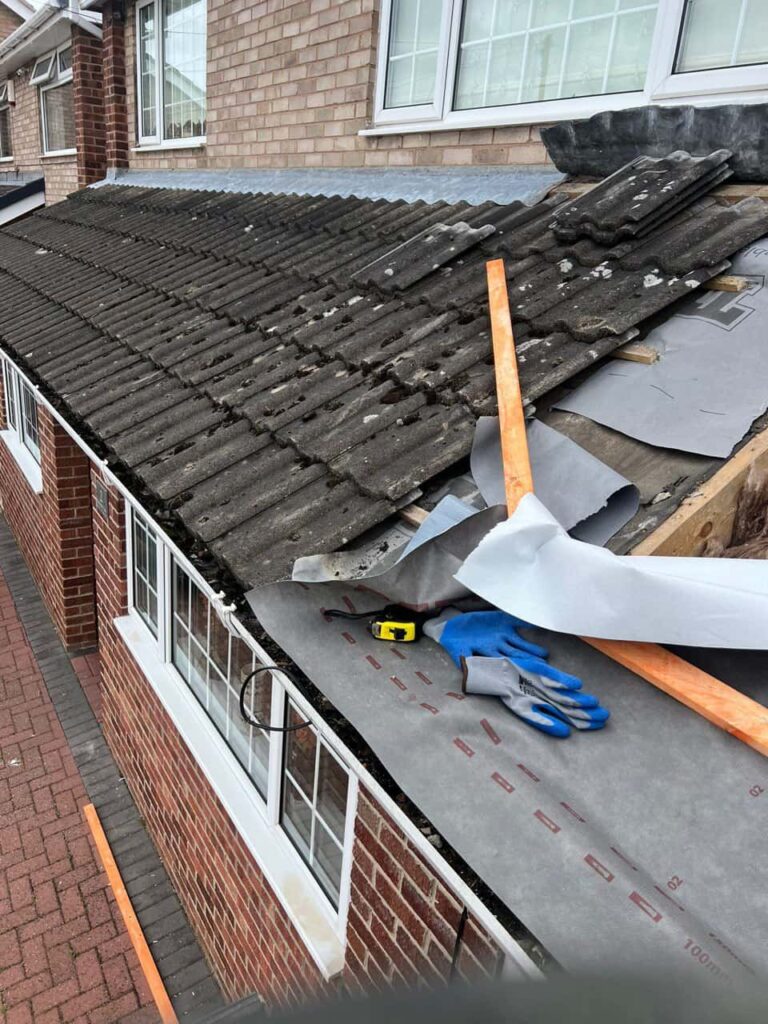 This is a photo of a pitched roof which is being repaired. The existing roof was leaking badly. Works carried out by Glenfield Roofing Repairs